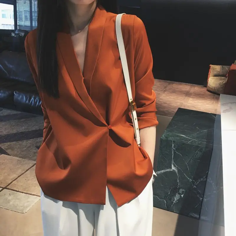 

Spring Autumn New V-neck Fashion Long Sleeve Shirt Women High Street Solid Color Button Cardigan Elegant Office All-match Tops