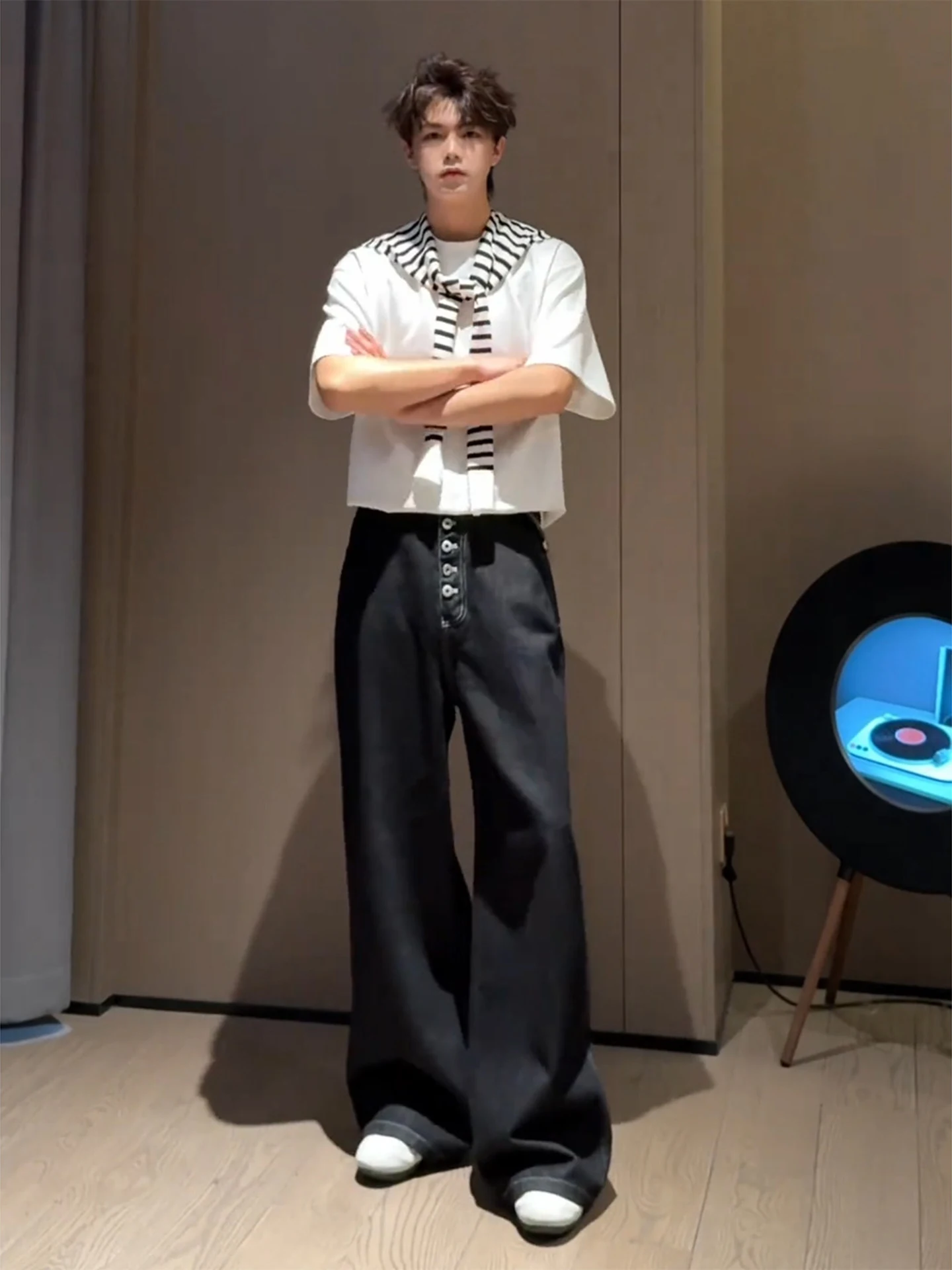 

Black Straight Leg Jeans Men's Summer American High Street Cleanfit Wide Leg Pants mid Waist Zipper Closure Casual Wear