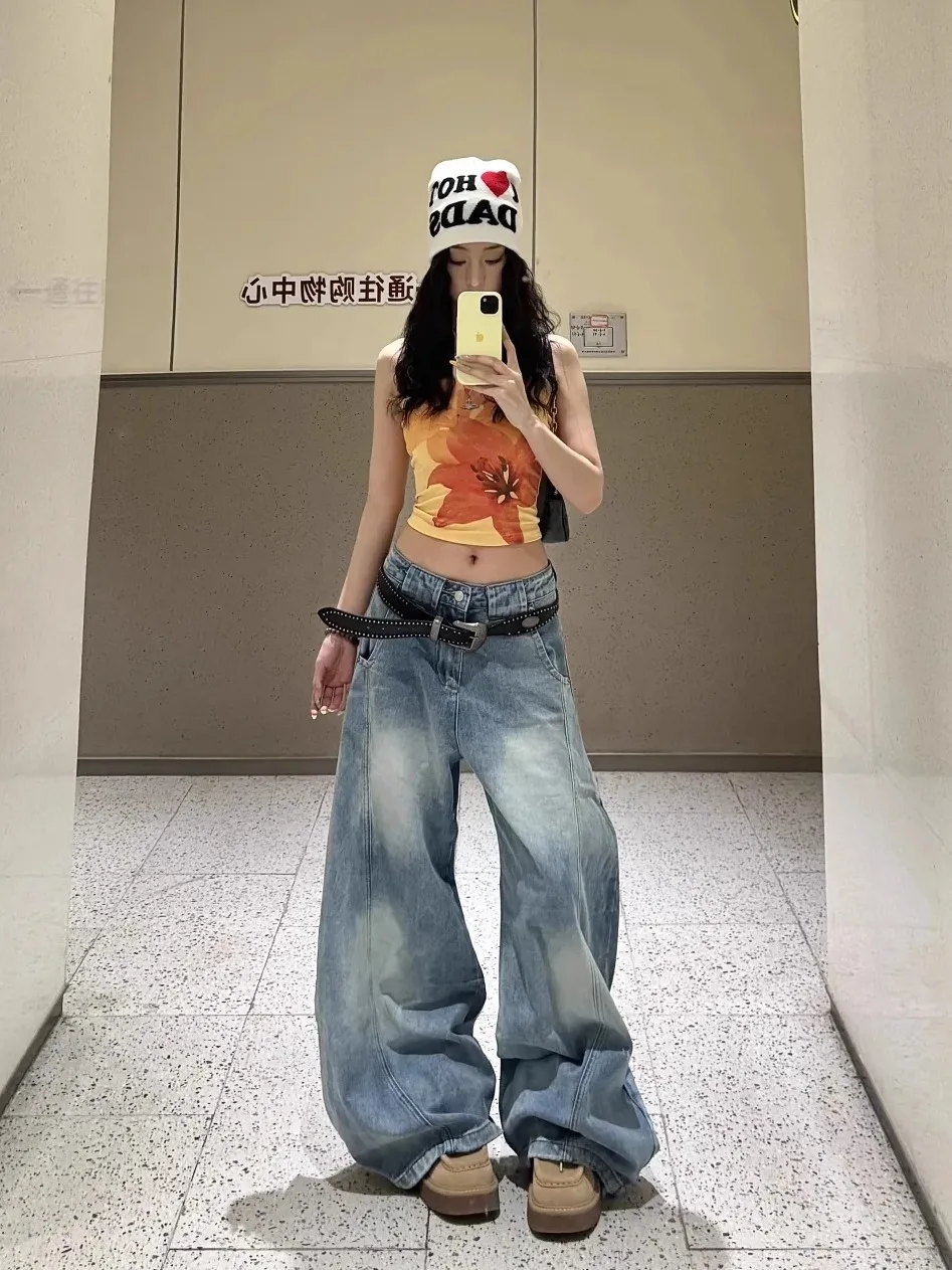 กางเกงยีนส์ทรงวินเทจเอวสูงแบบเว้าข้าง ทรงขากว้างลากพื้น สไตล์อเมริกัน สำหรับผู้หญิง ใส่สบาย ทรงหลวม ใส่ได้ในฤดูร้อน