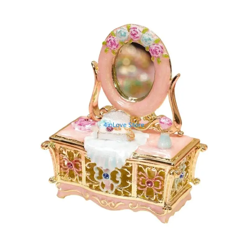T4MD Hand-Painted Enamel Jewelry Box with Floral, Oval, and Gold-Tone Openwork for Decorative Tabletop Storage