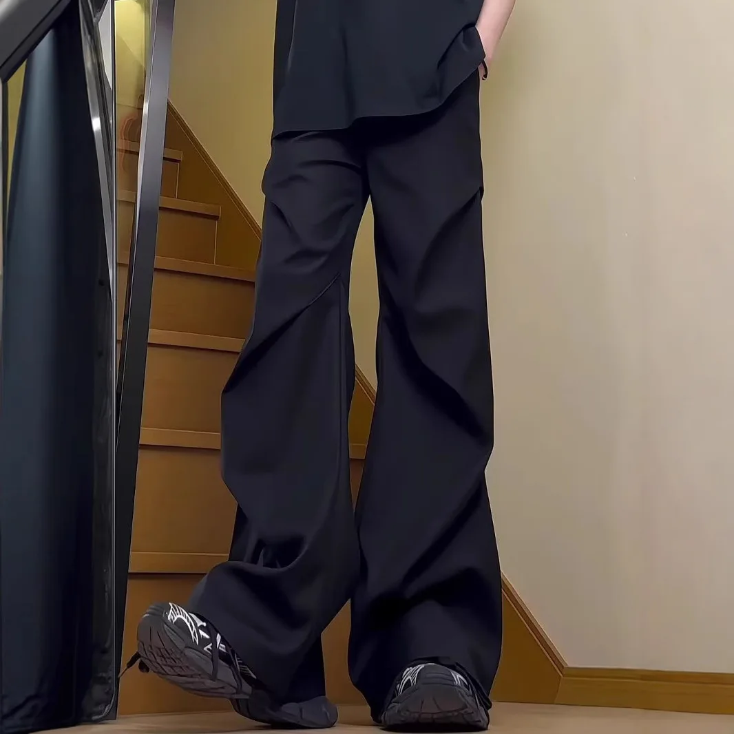 American High Street Plissado Cadendo Calças de Cor Sólida Masculino Casual Nicho High-end Calças Casuais