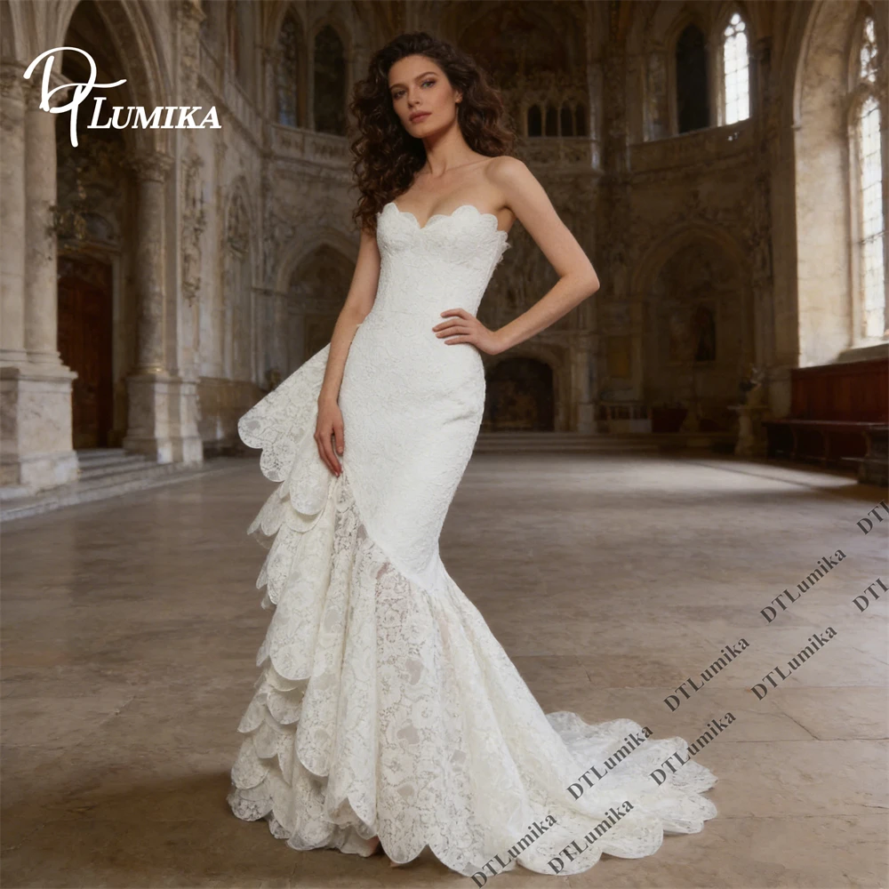 Strapless Wedding Dress With Lace Overlay Mermaid Bridal Gown Scalloped Hem Fit And Flare Formal Ceremony Bridal Gown Customized