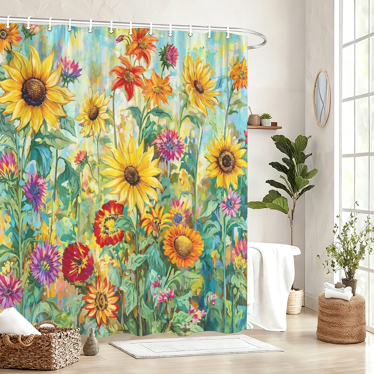 Vibrant Floral & Animal Printed Polyester Bathtub Curtain - Charming Bathroom Decorative Curtain, Country Style Shower Curtain