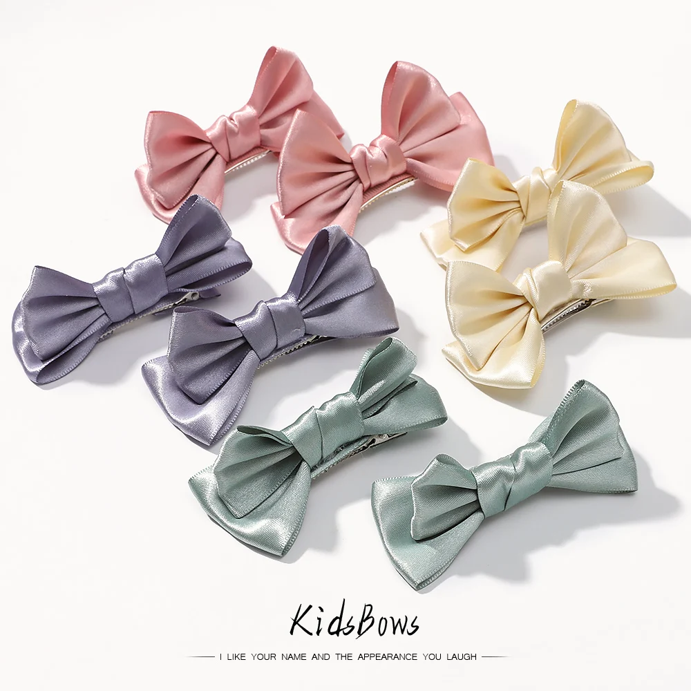 2 Pcs/Set Solid Color Bowknot Hairclips Kids Sweet Boutique Handmade Headwear Girls Elegant Hair Clips Fashion Hair Accessories