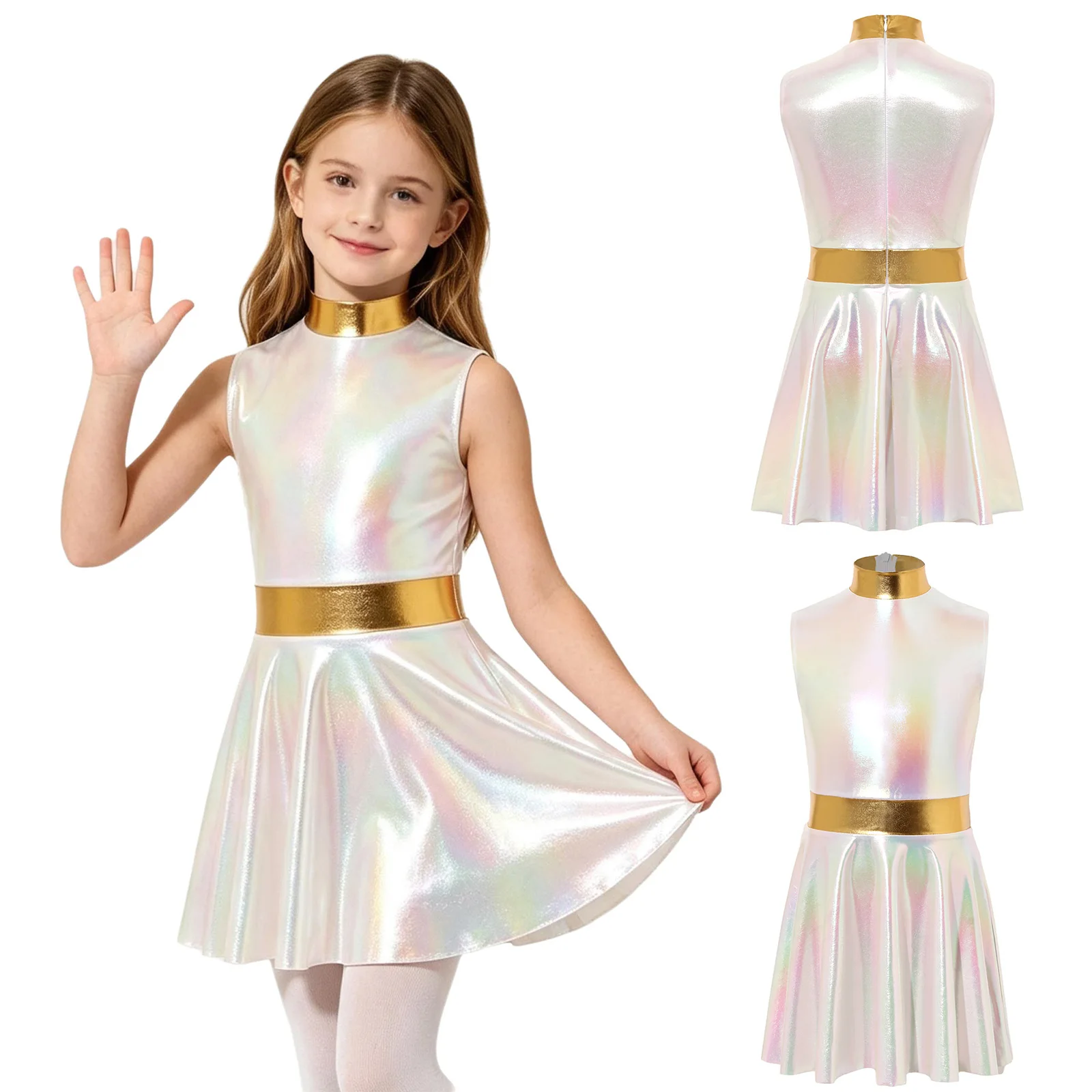 Children Girls Metallic Shiny Kpop Singer Costume Halloween Theme Party Space Alien Robot Role Play Dress Jazz Dance Dresses