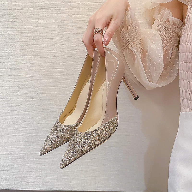 

Spring and summer new pointy patent leather sequins daily single shoes thin high-heeled banquet dress versatile women's shoes