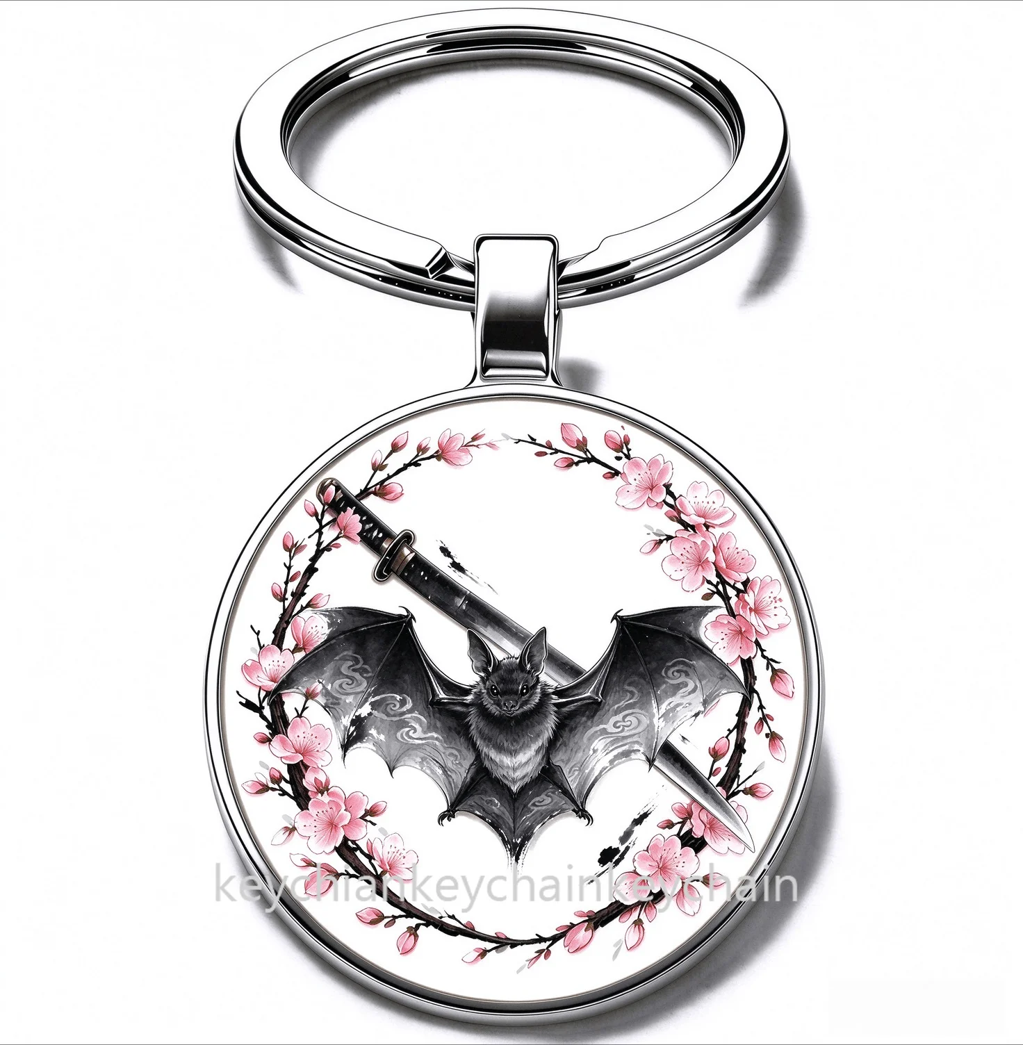 Japanese Bat Cherry Blossom Katana Keychain Samurai Sword Sakura Wreath Key Ring Car Bag Pendant Men Gift