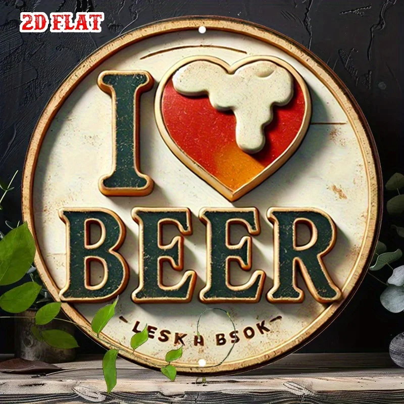 2D Flat, Vintage Beer Metal Wall Decor Sign - I Love Beer Retro Bar Decorations with German Text, Heavy-Duty 7.87