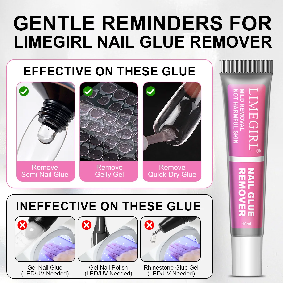 LIMEGIRL 10ML ensemble de colle semi-solide et dissolvant de colle pour ongles pour presser sur les pointes des ongles et presser sur le dissolvant d'ongles facile à enlever débroussailleuse