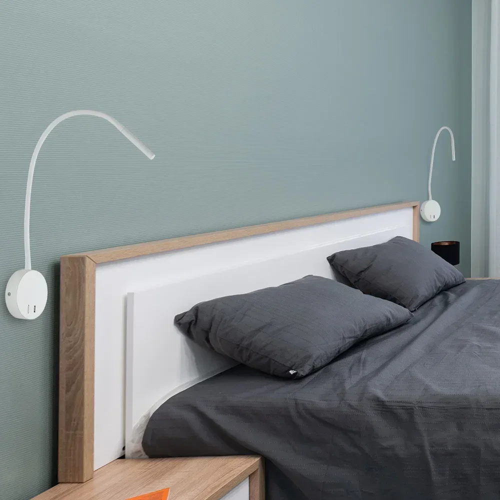 Durable Rooms Bedroom Bedside Reading LED Wall Lamp Hotel Surface Mounted USB Rechargeable Silicone Hose Spotlight