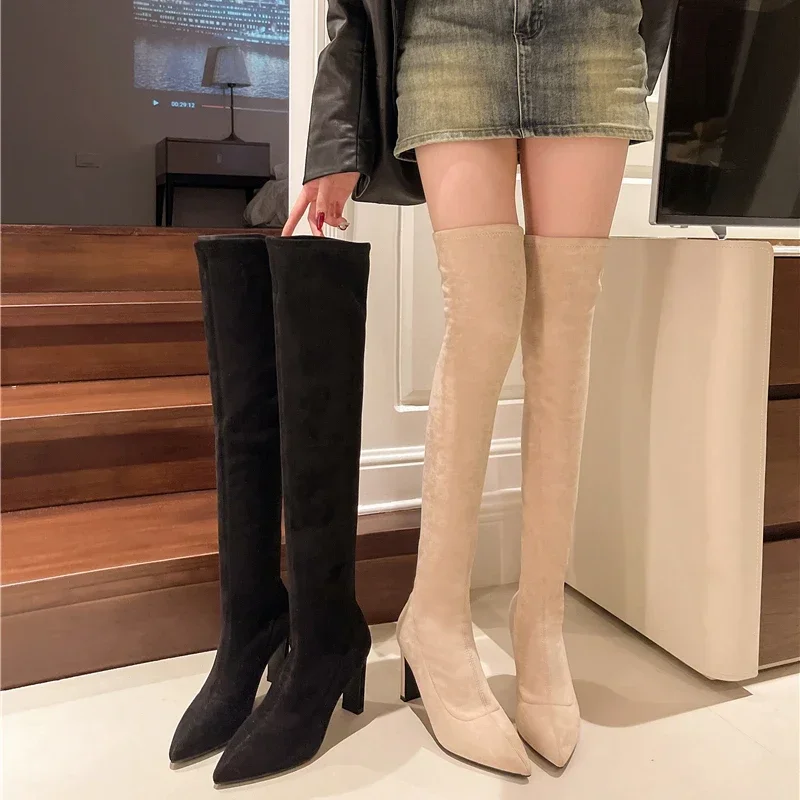 

New Women's Over-the-knee Boots Pointed Tip Keep Warm Retro Breathable Knee High Boots Suede Fashion Velvet Lining High Heels