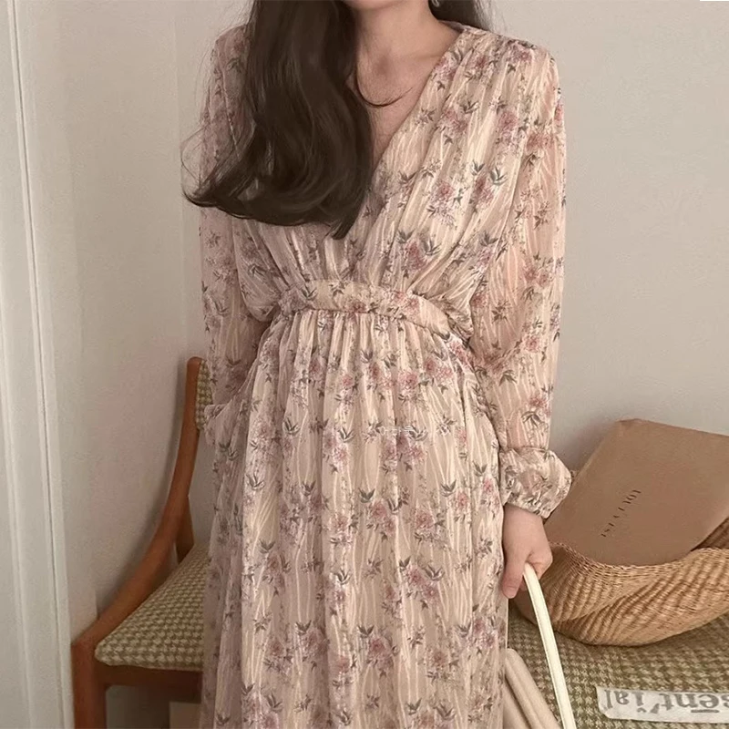 Chic Spring New Retro V-ne Dstring Waist Cinched Floral Print Dr Women's Korean Sle Bubble Sve ort Skirt