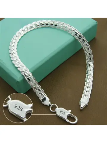 925 Sterling Silver Bracelet 6mm 18/20cm Flat Side Chain Lobster Clasp Bracelet For Woman Man Party Wedding Jewelry Holiday Gift