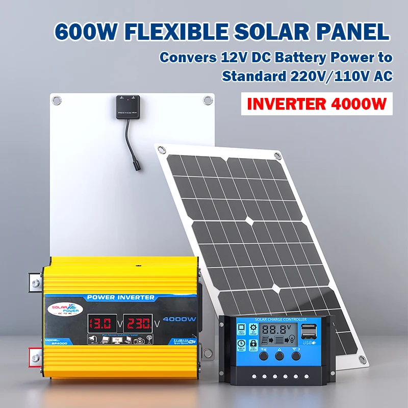 600W Flexible Solar Panel with 4000W Power Inverter, Convert 12V DC to 110V/220V AC Complete Solar Power Generation Kit
