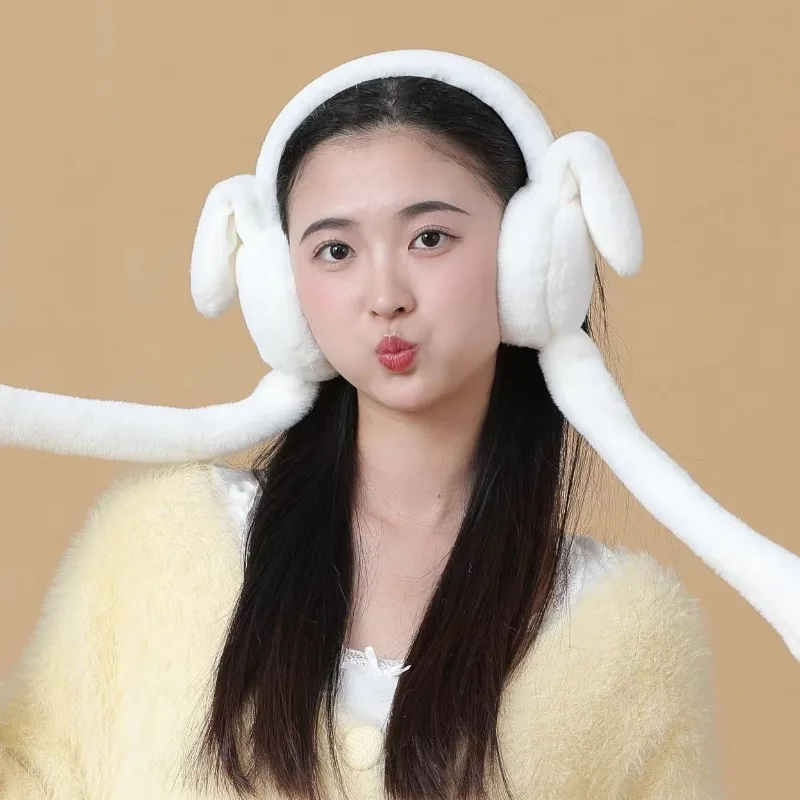 Cute and Warm Wireless Ear Muffs for Women Kids Students Plush Earmuffs with Moving Ears Autumn Winter Outdoor Travel Earmuff