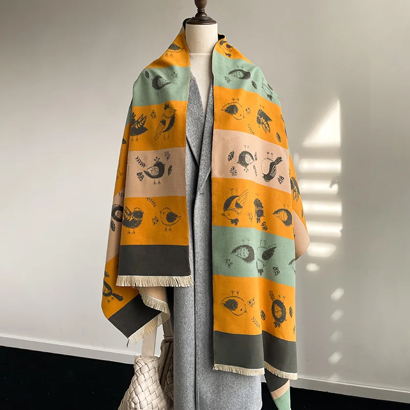 

Luxury Brand Two-Sided Animal Bird Scarf pashmina Cashmere Soft Warm Fringe Pashmina Shawl Winter Coldproof Windproof Blanket