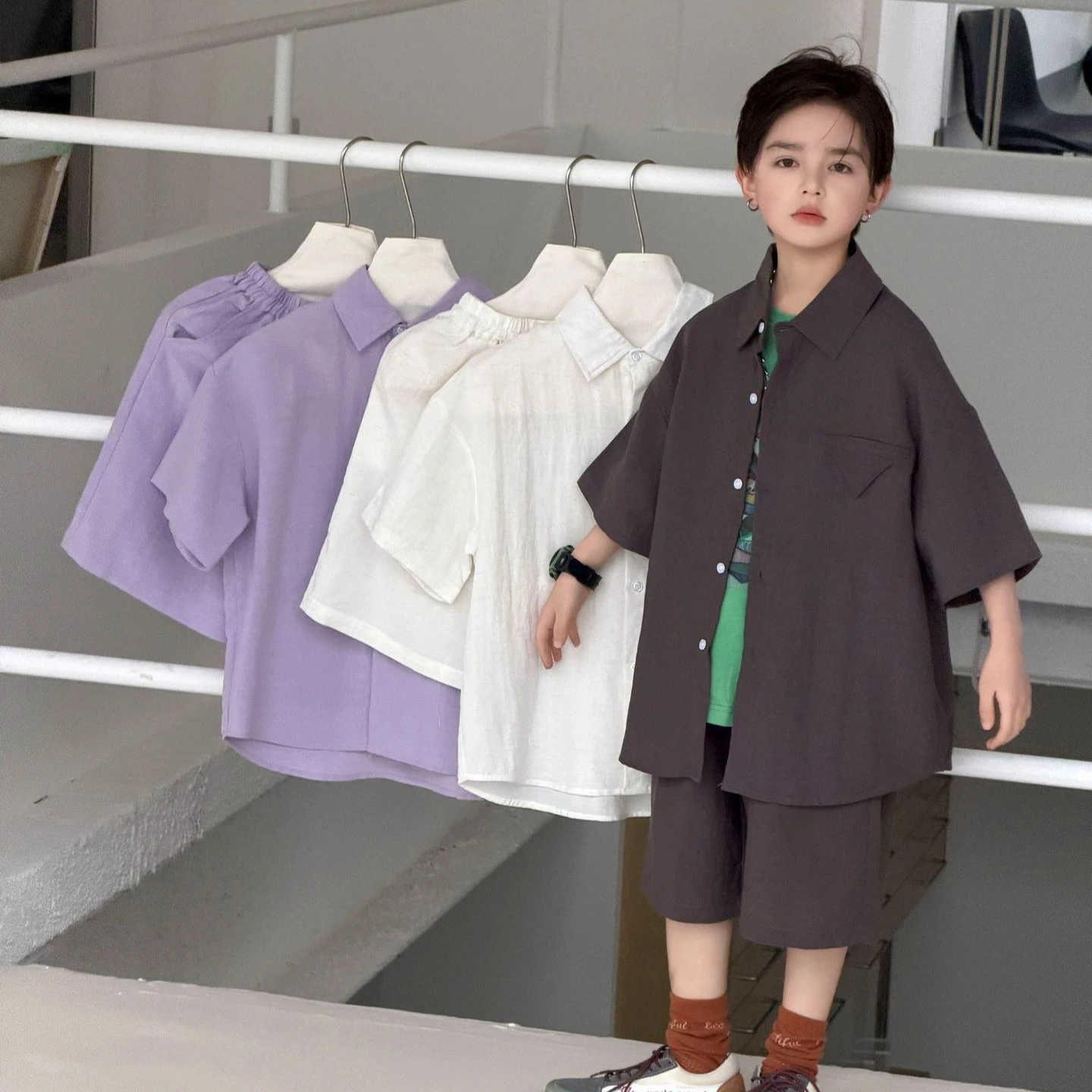 Set 2026 Spring Summer New Children's Wear Korean Style Boys and Girls Loose Short Sleeve Shirt Sunscreen Refreshing Two Sets