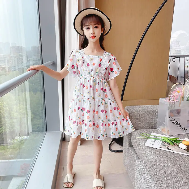 2023 New Summer Flower Full Print Elegant Princess Dresses For Girls Birthday Present Teen Children Clothing 3 4 6 8 10 12 Years