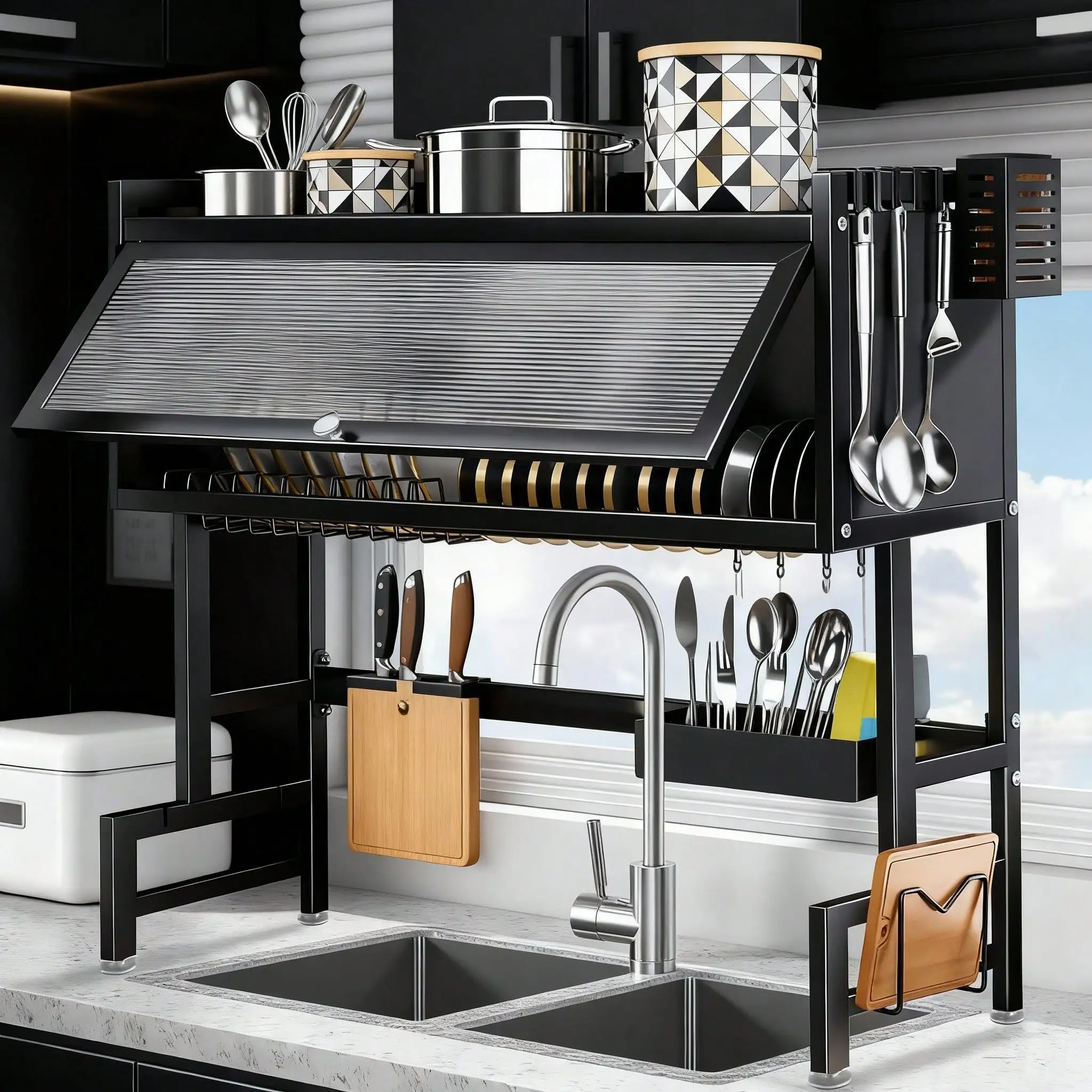 Heavy-Duty Over The Sink Dish Rack - Extra Large 33.5" Kitchen Organizer With Cover, 3-Tier Storage Shelf, Utensil Holder 2