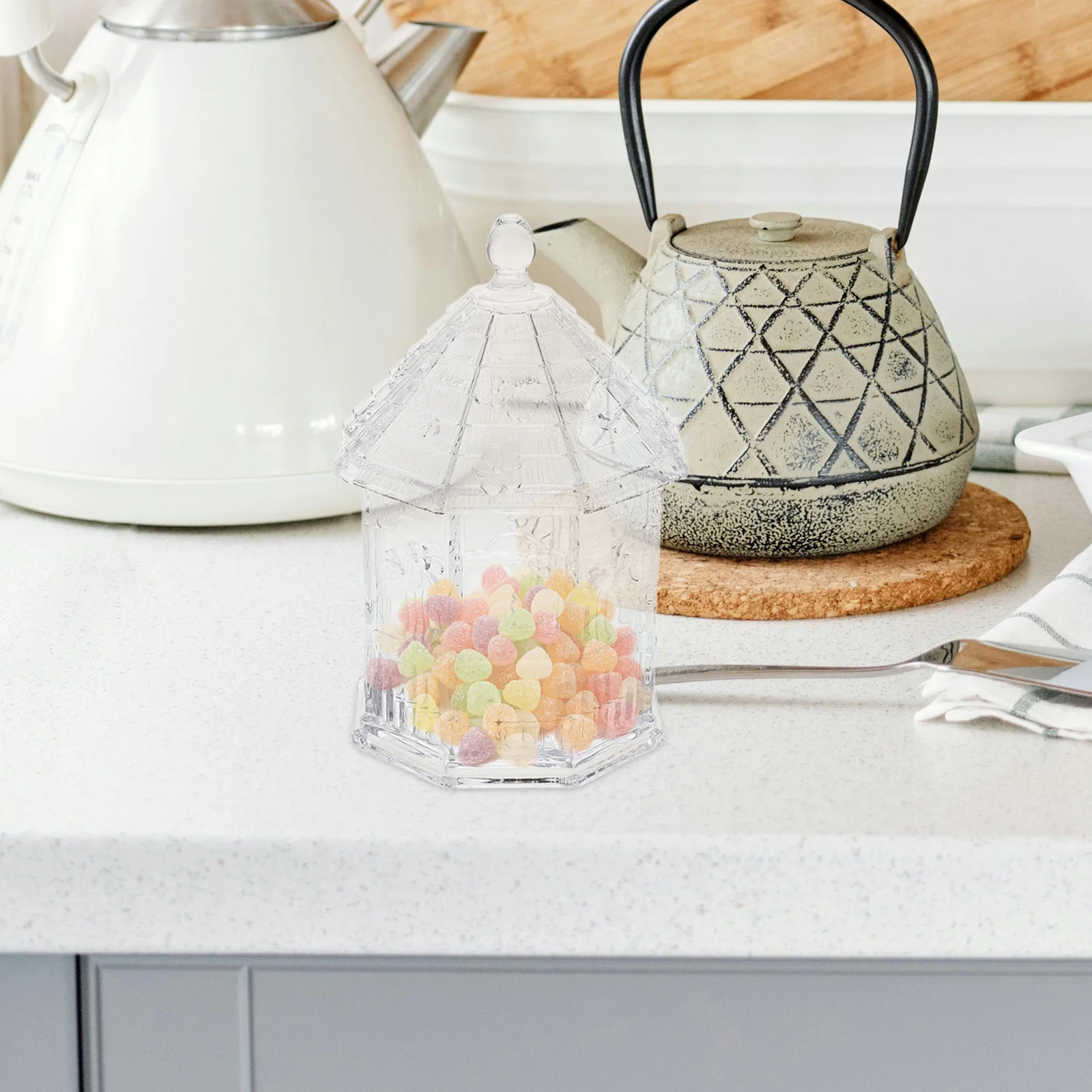 

Glass Candy Dish Elegant Embossed Kitchen Storage Jar Airtight Seal Glass Storage Jar Candy Dish Biscuit Bowl