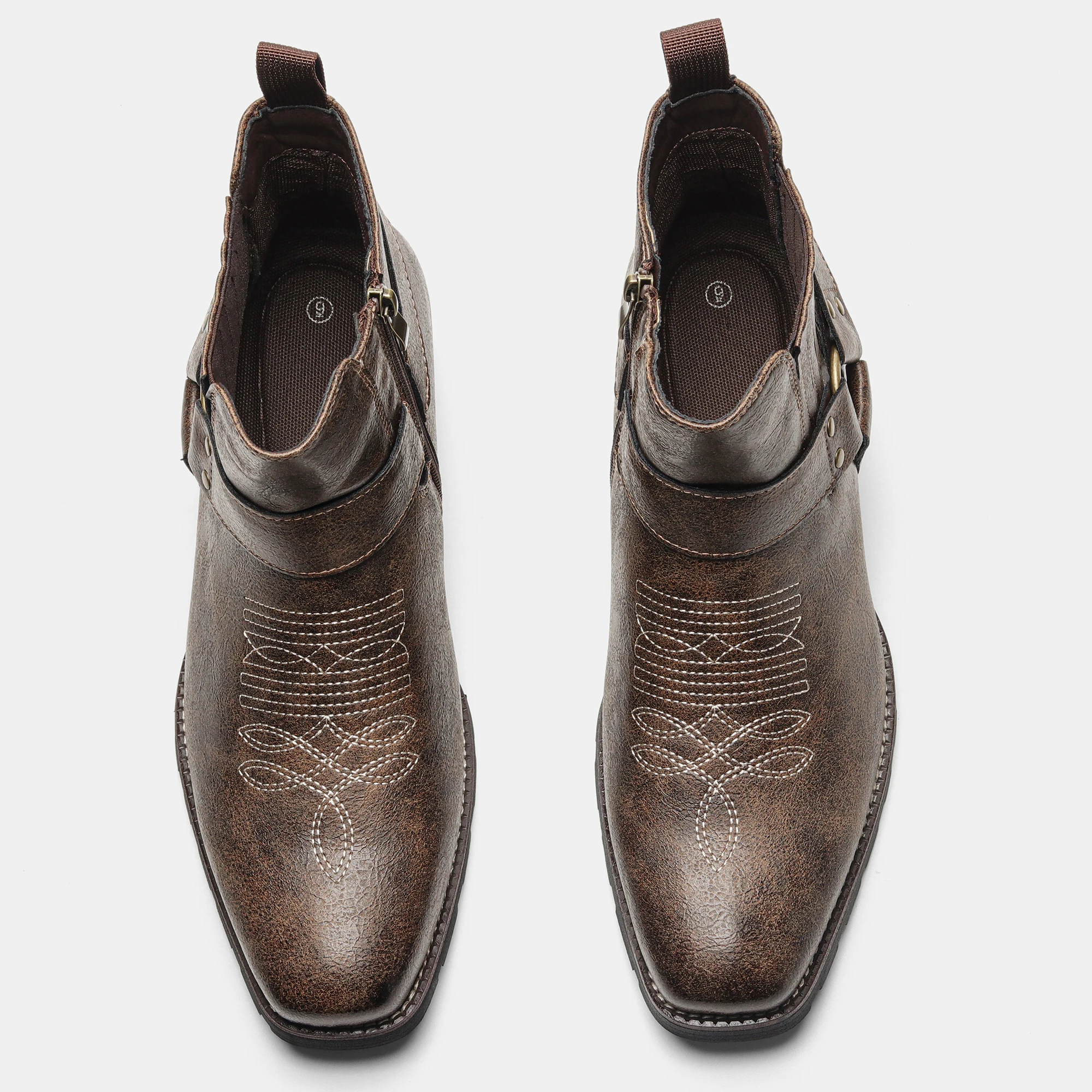 Cowboy Boots For Man Vintage Brown Western Ankle Boots Square Toe Harness Strap Side Zip Men's Boots