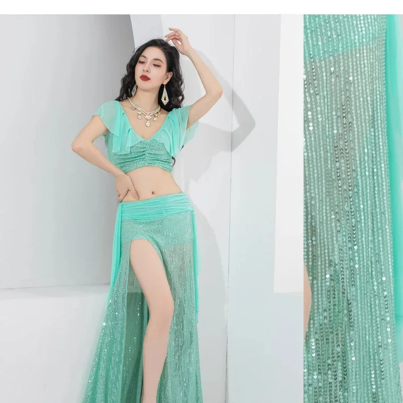 Ensemble de Performance à paillettes pour femmes, haut de gamme, élégant, vêtements d'entraînement de danse du ventre pour filles, vêtements d'entraînement de danse du ventre orientale