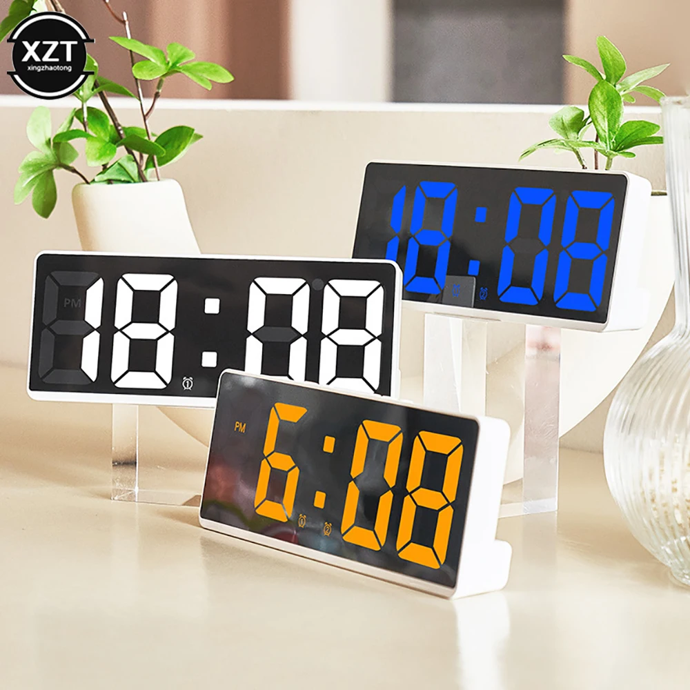 Derkiewn Réveil numérique, Grand écran LED de 6,5 Pouces, réveil de Chevet avec température et humidité, Horloge Miroir avec 2 réveils, luminosité réglable, Sieste, Alimentato USB (B&V