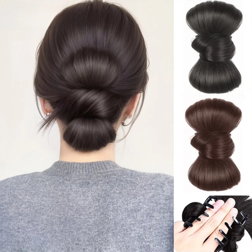 Synthetischer Haarknoten mit Haarklammer, Schleife, Natürlicher Dutt, Braunes und Schwarzes Flauschiges Haarteil, Haaraccessoires