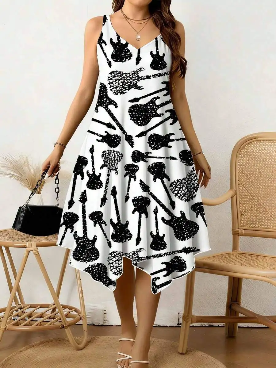 

Women V Neck Irregular Hem Guitar Print Casual Summer Dress