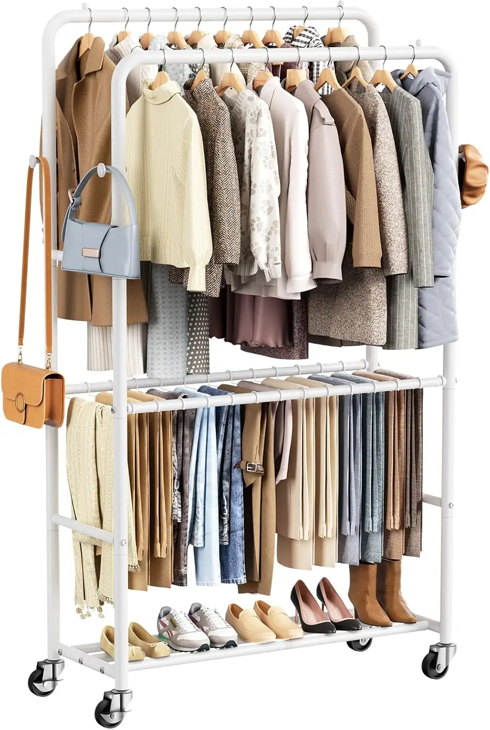 

Clothes Racks for Hanging Clothes, Rolling Clothing Rack with Pants Rack, Side Hooks & Shoe Shelf, Portable Garment Rack for
