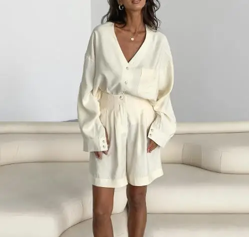 

V-Neck Button Loose Casual Long Sleeved Shirt Top and High Waisted Solid Color Straight Shorts Set for Women's Elegant Outfit
