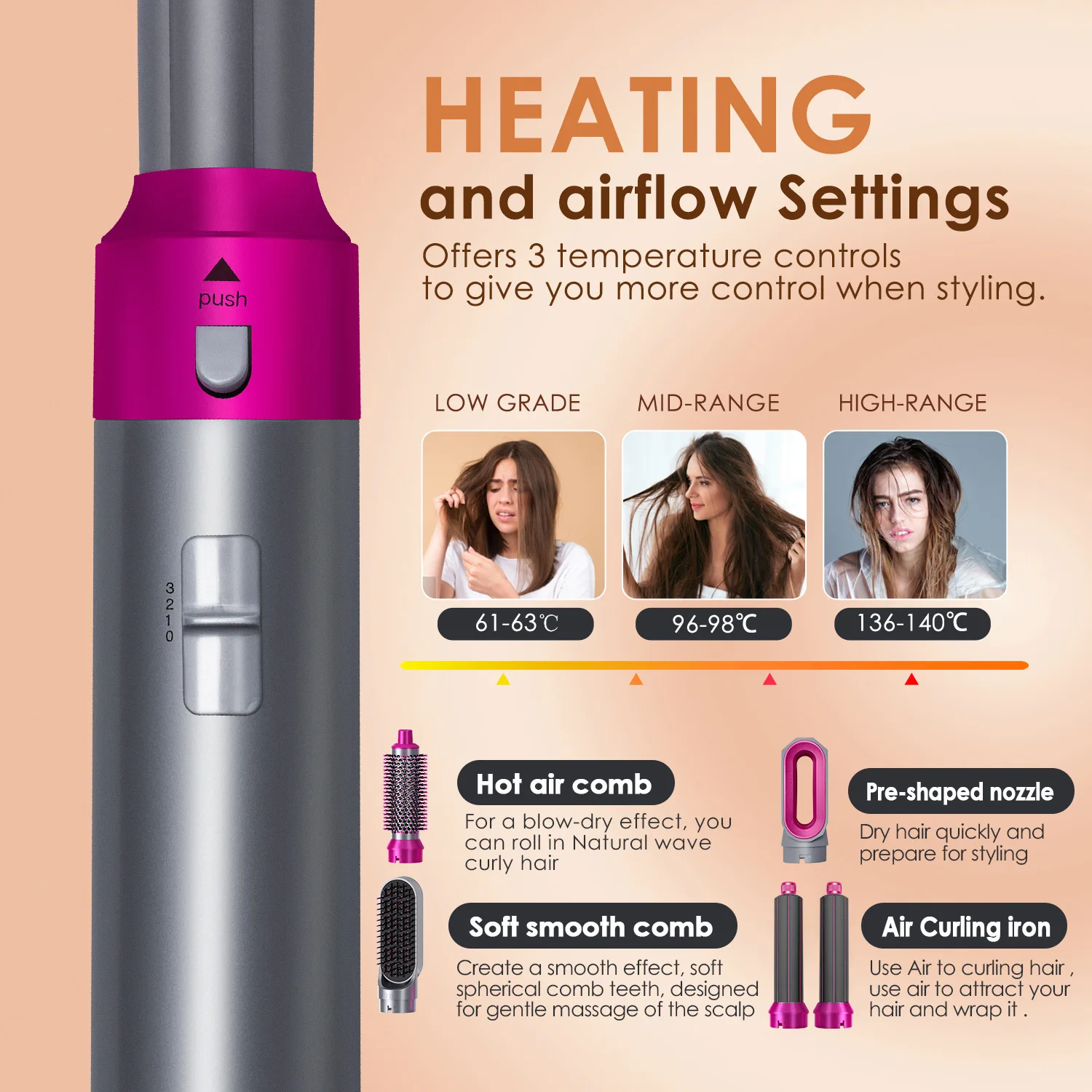 Hochwertiger 5-in-1-Haarstyler mit Lockenwickler, Haarklammern, Heißluftbürste, Haartrockner und Zubehör für Friseure, Dyso-Geschenk. – Detail 4