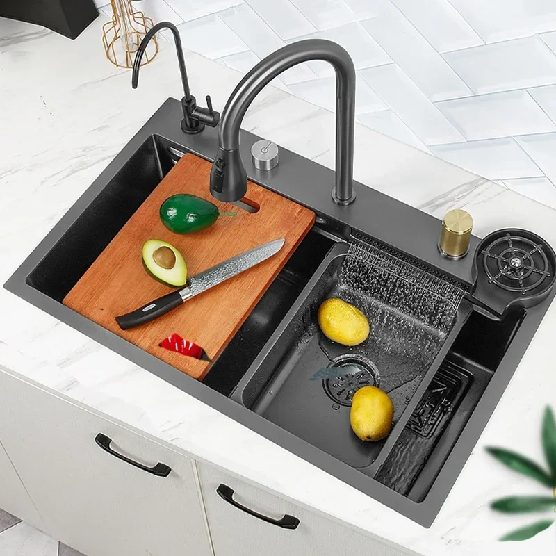 Black Nano Kitchen Sink 304 Stainless Steel Waterfall Basin Large Single Bowl With Multifunction Touch Waterfall Faucet