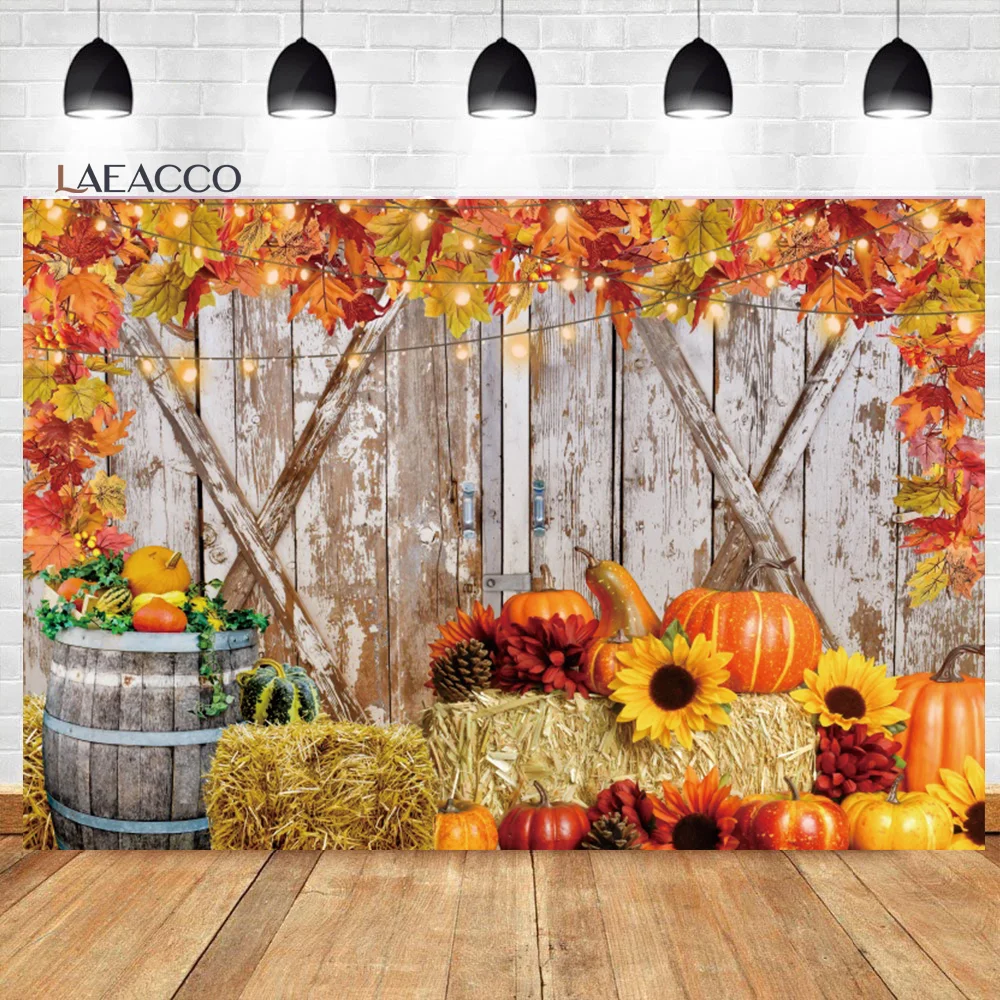 

Laeacco Fall Harvest Wood Backdrop Pumpkin Barn Straw Sunflower Autumn Maple Leaf Glitter Family Portrait Photography Background