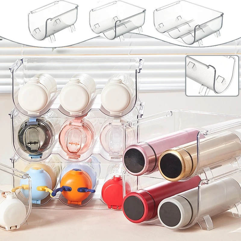 

1/2/3 Grids Stackable Water Bottle Storage Rack Transparent Plastic Stackable Cup Holder Multi-functional Kitchen Organization