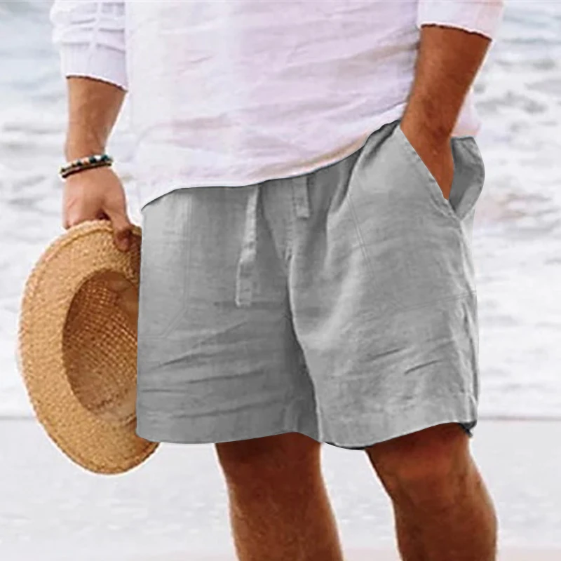 Men\'s summer cotton and linen shorts with drawstring elastic waist, straight legs, solid color, breathable daily beach capris