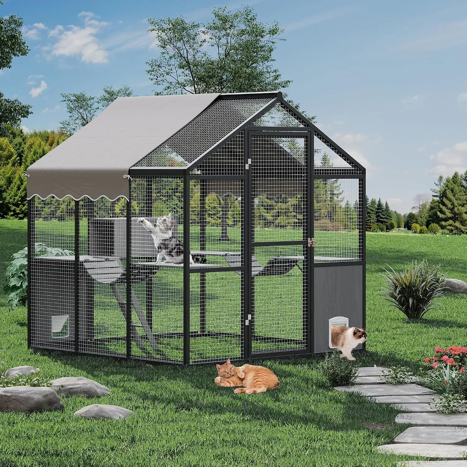 Aluminum Walk-In Large Outdoor Cat Enclosure, Large Outdoor Catio for Multiple Cats, Outside Cattery with Weatherproof Roof with