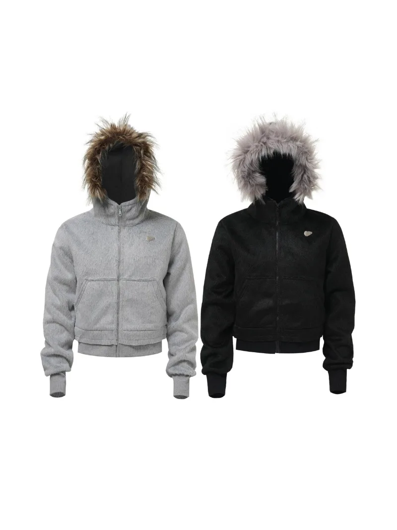 2025 Autumn Winter New American Retro Fur Collar Hooded Sweatshirt Short Casual Zipper Fashion Trendy Jacket Unisex