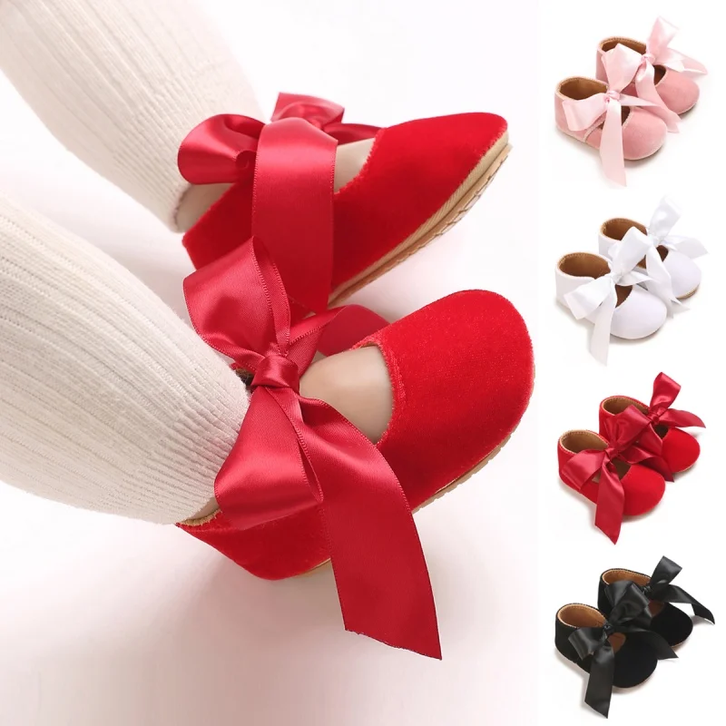 

Baby Learning Walk Shoes, Velvet Satin Bow Princess Shoes, Soft Sole Comfortable Footwear for Infants 0-18M Multi-color