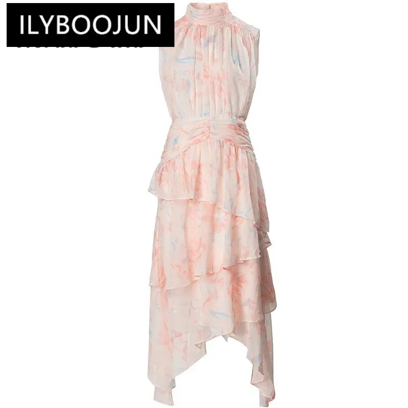 

ILYBOOJUN Summer Fashion Runway c Women Elegant Bohemian Floral Print Draped Cascading Ruffle Lrregular Sleeveless Dresses