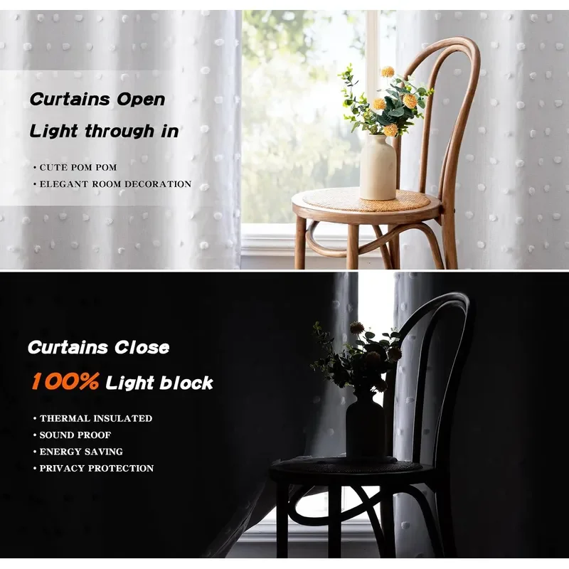 Black Out White Curtains for Kids Bedroom 63 Inch Long 2 Panels