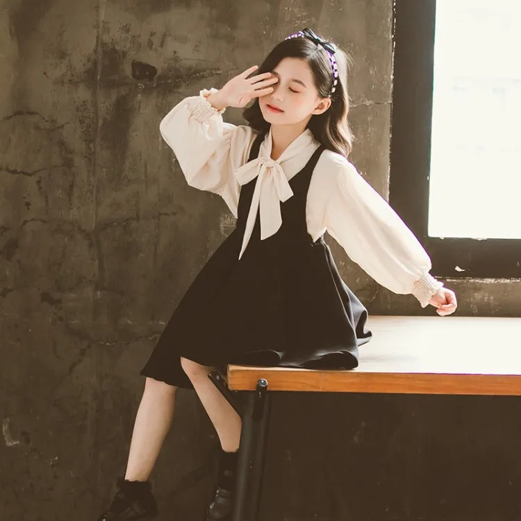 New Kids Clothes Sets Girls Spring Autumn Clothing Fashion Baby Girls Outfits Children Bow Strap Dress + Shirt Two-Piece Suit