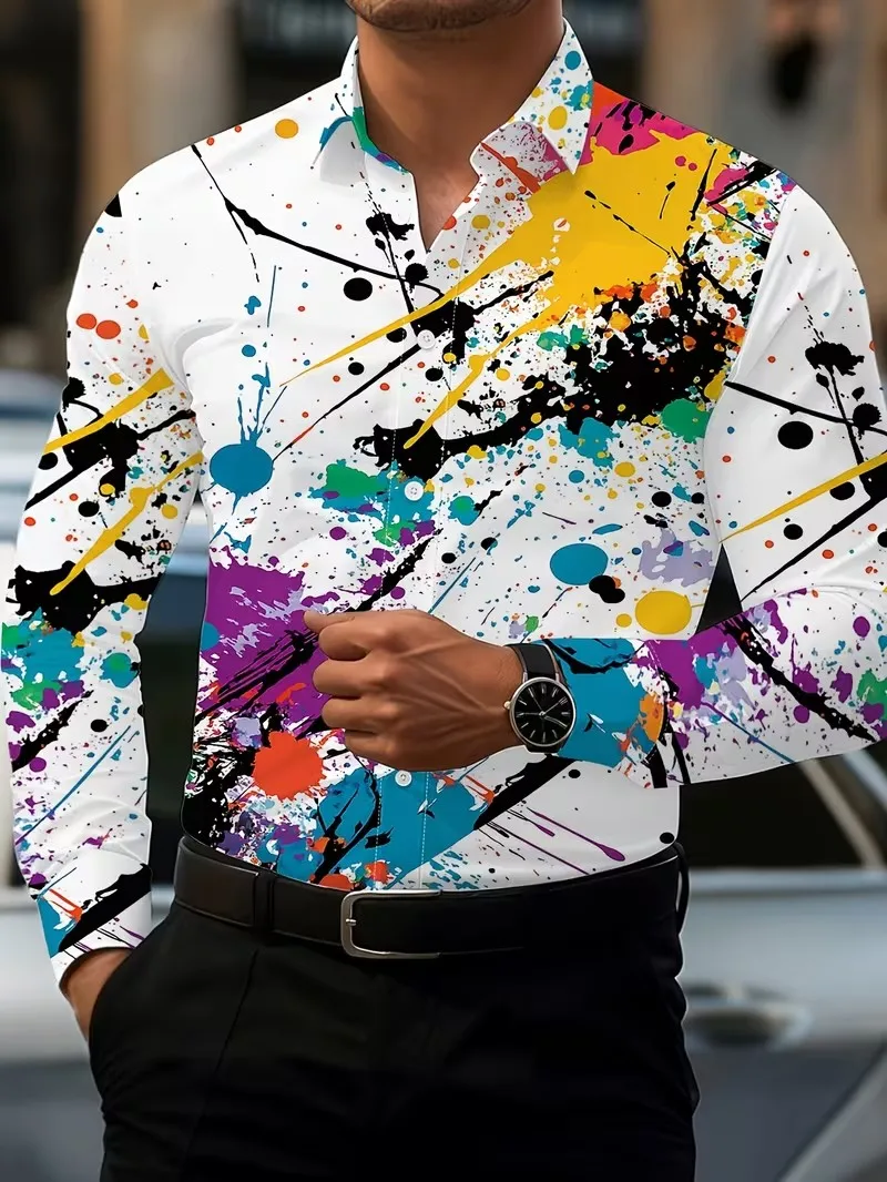 New white base geometric angular line printed shirt deconstructive style men's slim fit long sleeved shirt