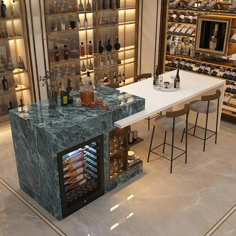 ​ ​ Conjunto de ilha de cozinha de mármore de luxo com mesa de jantar, geladeira de vinho, luzes LED, armazenamento de 2 camadas e base de escultura artística ​ ​