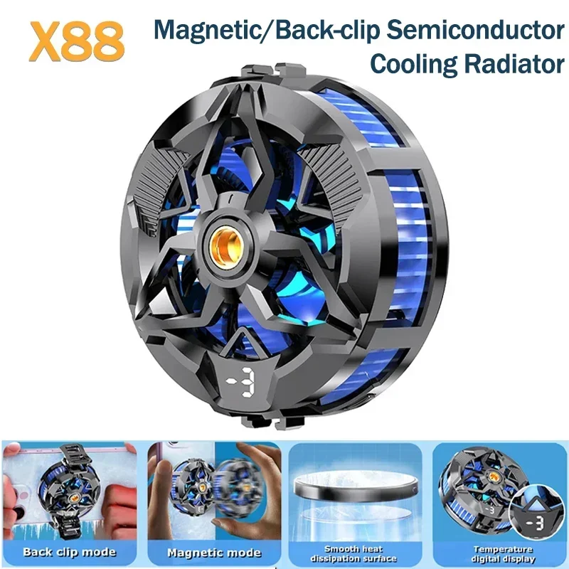 

X88 Mobile Phone Semiconductor Radiator Magnetic/Back-clip 2 in 1 Cool Heat Sink 3 Gear Adjustment Game Cooler for IOS Android