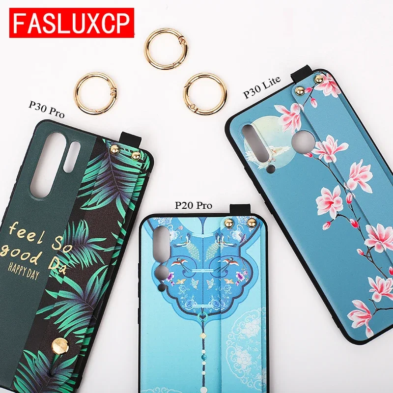 P40 P20 P30 Pro Lite Case 3D Fashion Art Leaf Flower TPU Wrist Strap Holder Cover for Huawei P Smart 2021 Z Mate 20 Honor 50 20