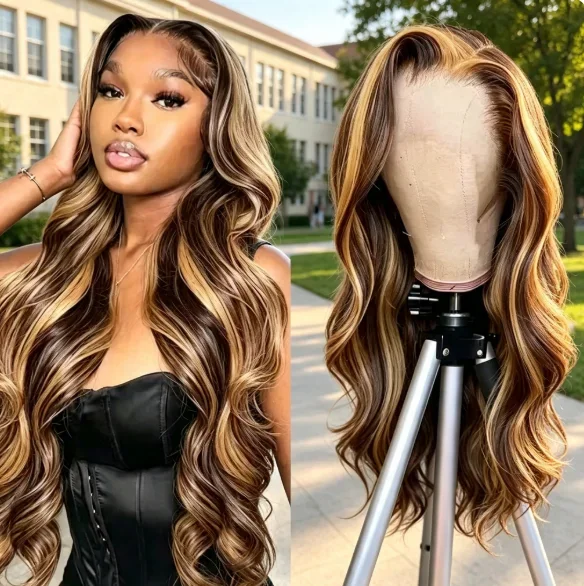 2026 New Highlight human hair wig, piano color, lace front wig, Brazilian wig, women's  blonde hair, lace wig, honey body wave