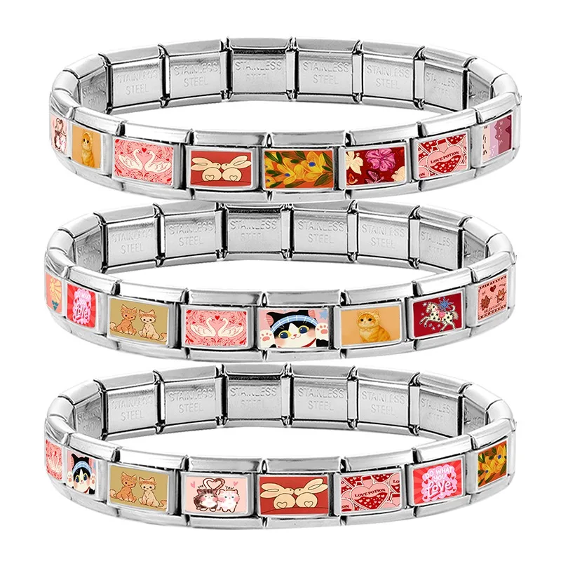 2026 Women's Kawai Big Eye Cat Raccoon Rabbits Hamster Italian Charm Link Fit 9mm Stainless Steel Module Bracelet Making Jewelry