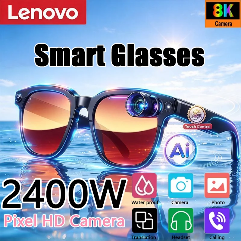 Lenovo 8K HD AI Smart Glasses Built-in Camera Bluetooth Voice Assistant For Photo Video Recording Outdoor Daily Travel 2027New