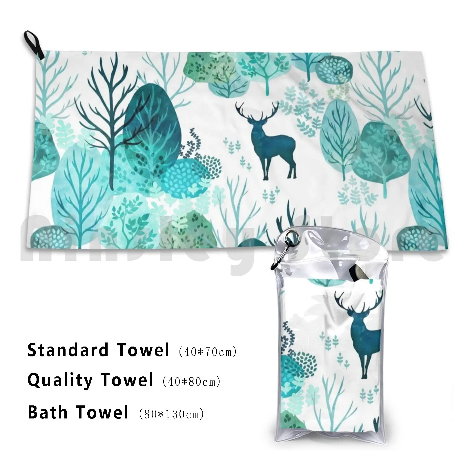 Emerald Forest Deer On White Bath Towel Beach Cushion Turquoise Leaves Seamless Watercolor Landscape Trees